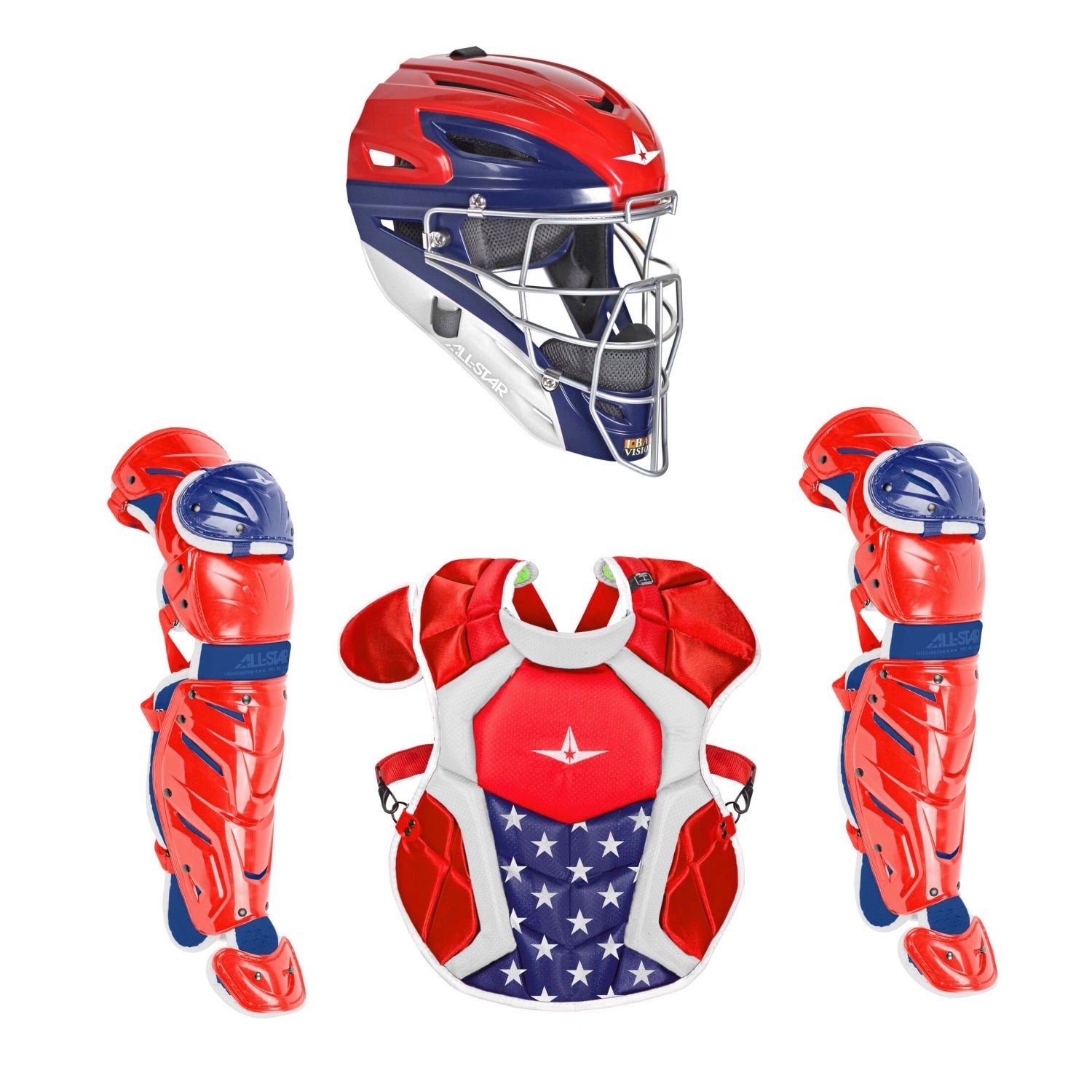 baseball catcher gear All Star Intermediate System7 Axis USA Pro Catcher's Set Red/White/Blue
